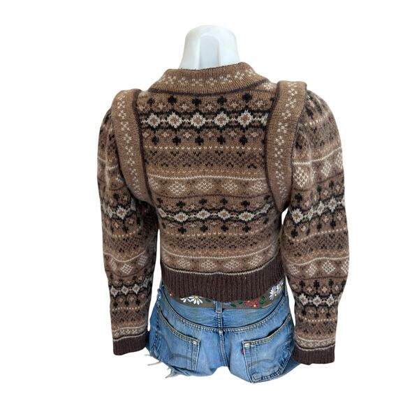 SEA New York Brown Fair Isle Sweater MEDIUM Wool Cottage Puff Sleeves Retro $400 - Picture 9 of 10